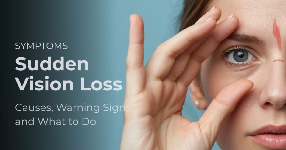 Eye illustration representing sudden vision loss with a dark curtain effect