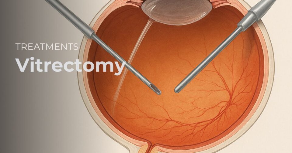 Vitrectomy retina surgery illustration showing removal of vitreous gel and repair at the back of the eye