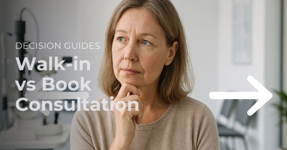Patient deciding between walk-in and booked eye consultation at an ophthalmology clinic