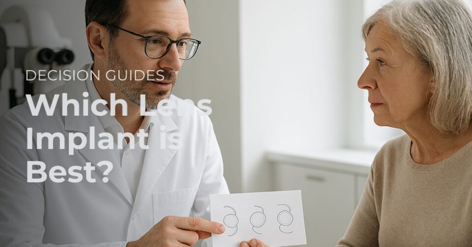 Ophthalmologist explaining lens implant options for cataract surgery to a patient